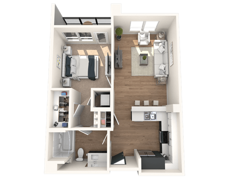 Floor plan for 1 bed, 1 bath, 733 sqft